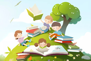教育培训暑假招生卡通人物多个学生一起读书学习场景